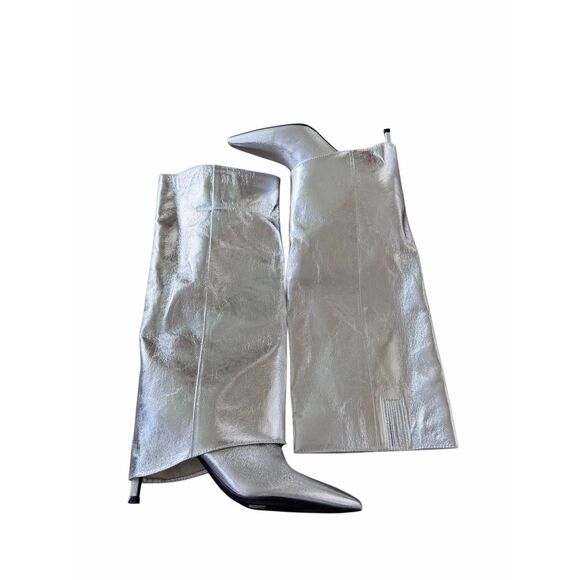 Open Edit Tall Boot in Silver Metallic Size 5.5 Stiletto Heel Pointed Toe - Picture 4 of 7